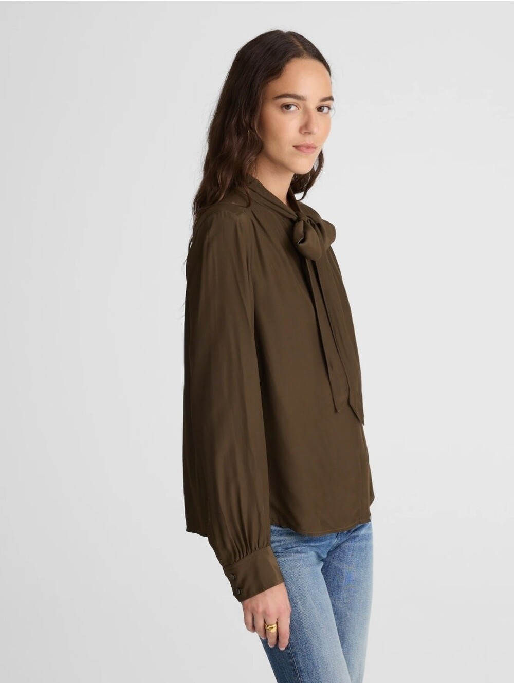 Madewell Women's Olive Tie-Neck Long Sleeve Top